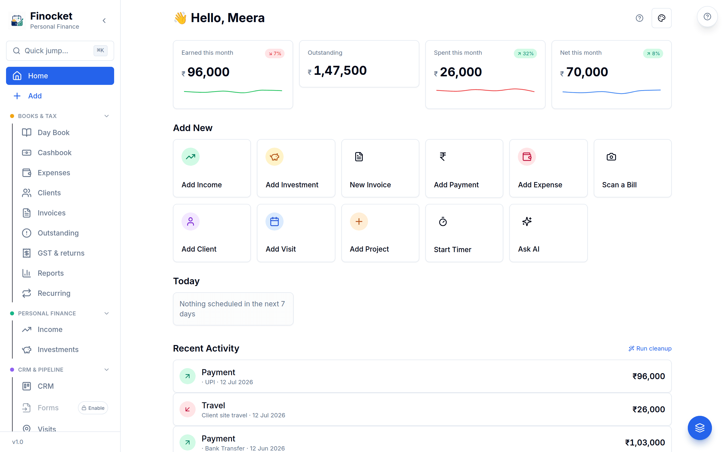 Finocket desktop dashboard — monthly earnings, spend, outstanding and net, with the Add New grid and recent activity