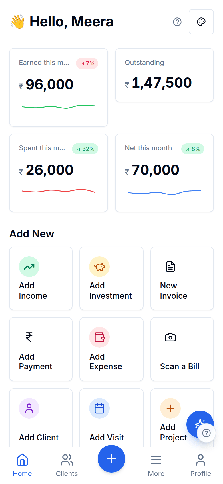 Finocket dashboard with monthly earnings, spend and outstanding