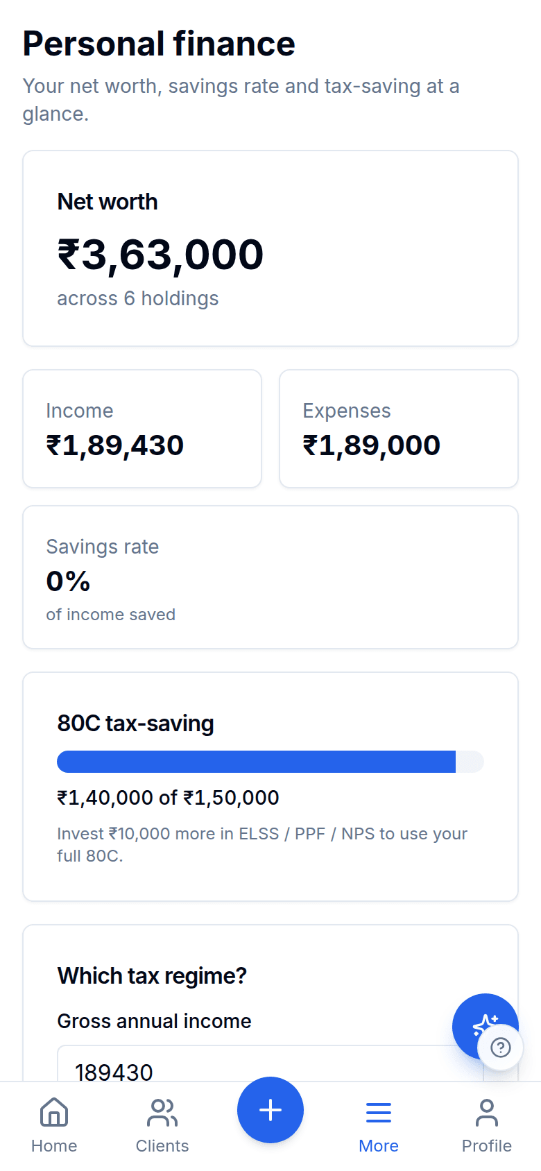 Personal finance report with net worth, savings rate and 80C tax-saving progress