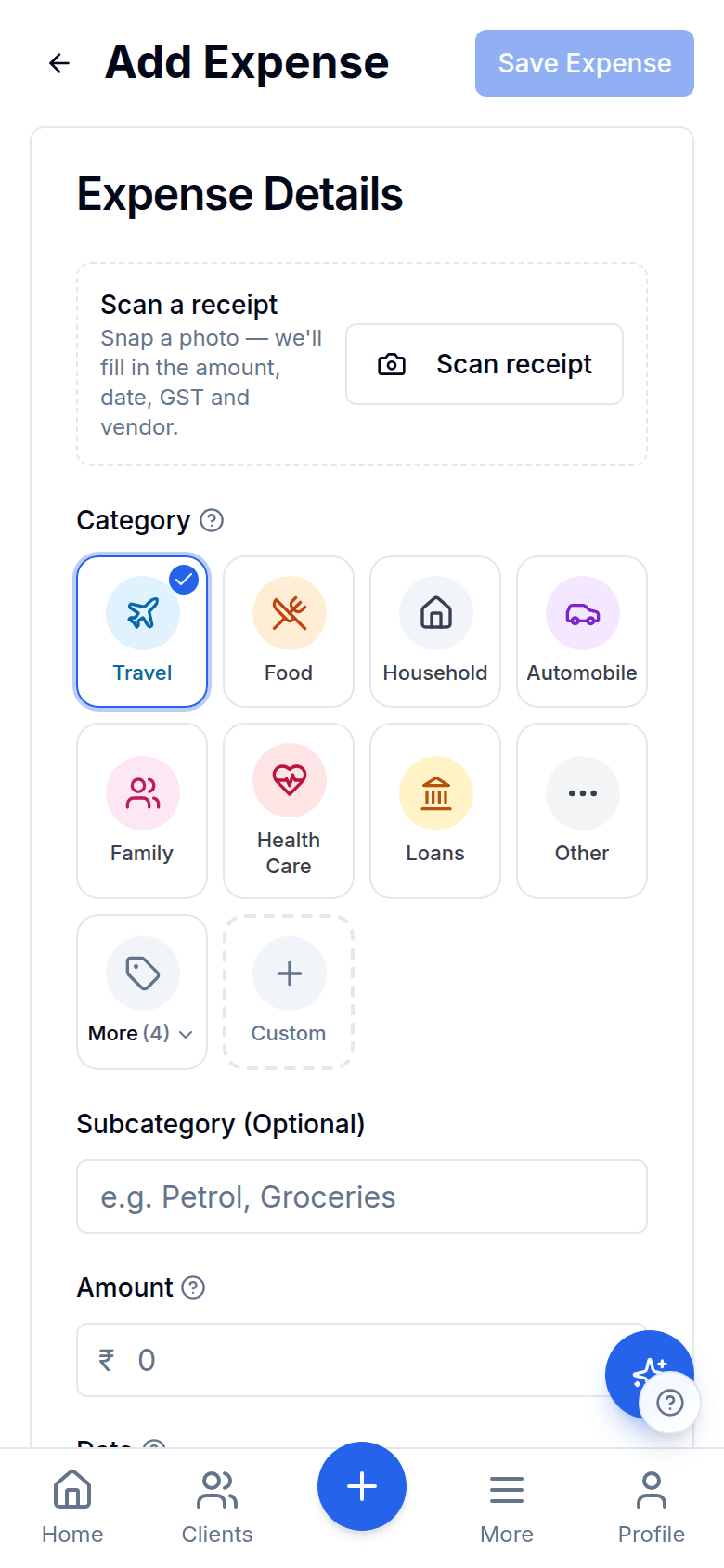 Add-expense screen with receipt scanning and a category picker